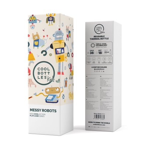 Detská termo fľaša z nerezovej ocele COOL BOTTLES Kids Messy Robots trojvrstvová 350 ml 3D